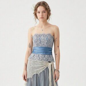 Vintage Mackenzie Michaels Corset Top Y2K Strapless Lace Satin Blue 8